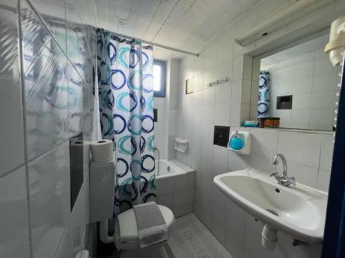a bathroom with a sink and a toilet and a shower at Anemomilos Studios in Gerani