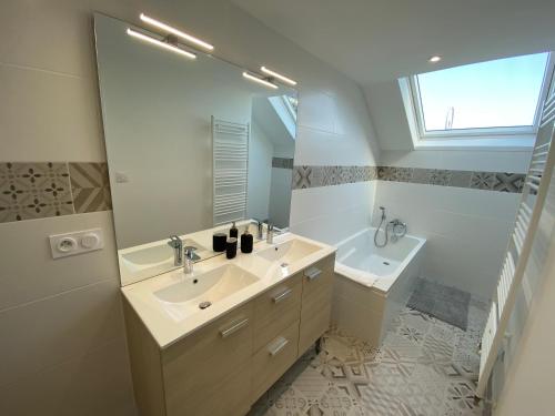 a bathroom with two sinks and a large mirror at Les Villas du Domaine de Suzel in Vignieu