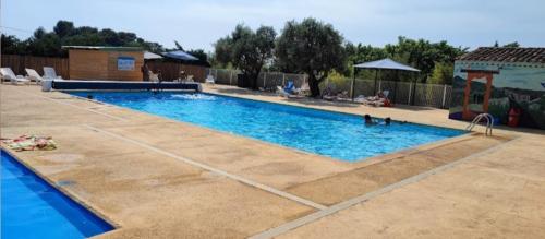 a large swimming pool with blue water in a yard at Lou Rigaou in Aups
