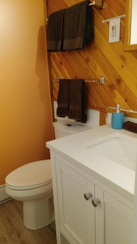インヴァーミアにあるInvermere, BC On the Lake! Luxury 4 Bedroom Vacation Home with Panoramic Mountain Views!! Walk to Town, Shopping, Tennis, Volleyball, Pickle Ball, Dining, Bakery, Pubs, Swimming, Boating, Hiking, Fish, Biking, Hot Springs! Construction Trades Welcomeの白いトイレと洗面台のあるバスルーム