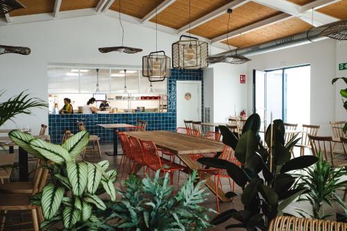 uma sala de jantar com mesa, cadeiras e plantas em Restaurante Hostal Náutico de Razo em Carballo