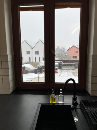 a kitchen with a sink and a window at Apartment Golden Prague 78 in Vestec