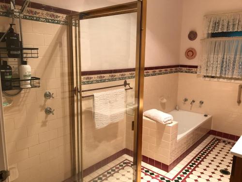 a bathroom with a shower and a bath tub at Blue Gum Cottage on Bay in Bensville
