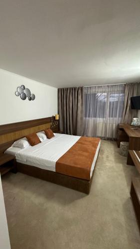 a bedroom with a large bed in front of a window at Garsoniere Aby in Turnu Măgurele