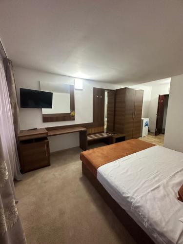a bedroom with a bed and a flat screen tv at Garsoniere Aby in Turnu Măgurele