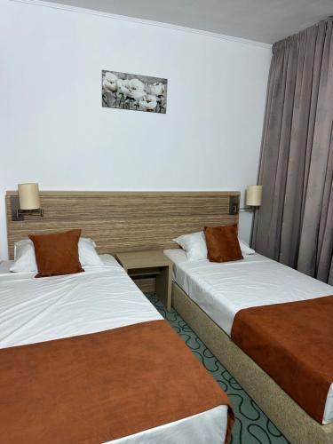 a hotel room with two beds at Garsoniere Aby in Turnu Măgurele