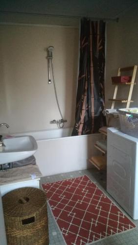 La salle de bains est pourvue d'une douche et de carrelage rouge. dans l'établissement Le Lohrnest, à Lohr