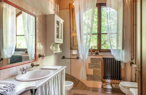a bathroom with a sink and a toilet and windows at Villa San Filippo in Arezzo