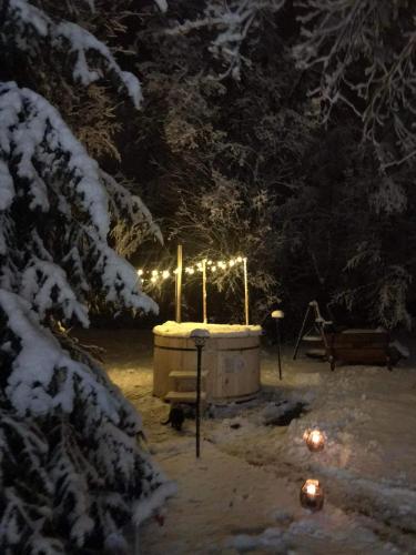 a hot tub with lights in the snow at night at Mała Gorczańska Chatka in Ochotnica Dolna