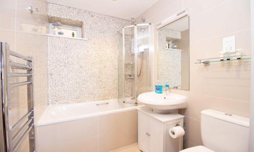 La salle de bains est pourvue d'un lavabo, de toilettes et d'une douche. dans l'établissement Curlew 3 - The Cove, à Brixham