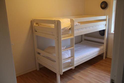 a bunk bed with a ladder in a room at Villa Lägervik Vitsand in Gunsjögården