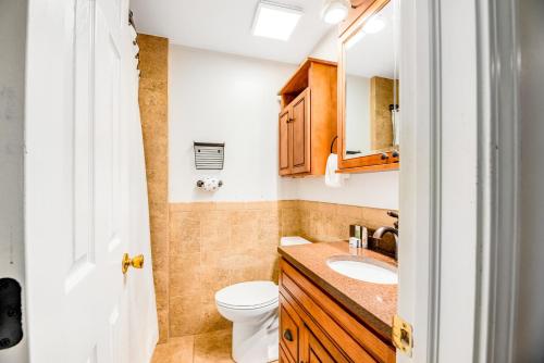 a bathroom with a toilet and a sink and a mirror at Live Laugh Lake - A in Rushville