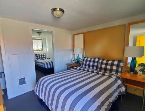 a bedroom with a striped bed and a mirror at Gannett Peak Lodge in Pinedale