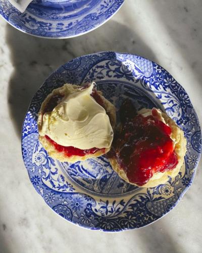 a blue and white plate with a dessert on it at The Five Dials Inn in Ilminster