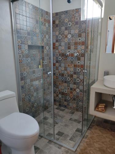 y baño con ducha, aseo y lavamanos. en Casa las Galias., en Tlalixtac de Cabrera
