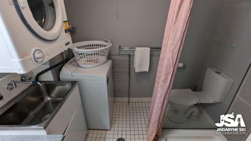 a small bathroom with a sink and a toilet at Tanderra 4 in Jindabyne