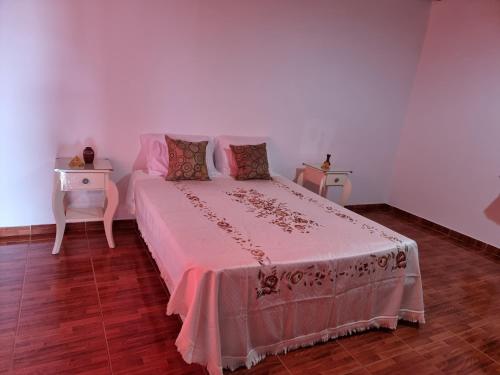 1 dormitorio con 1 cama grande con sábanas rosas y 2 mesas en Departamento Tunuyán en Tunuyán