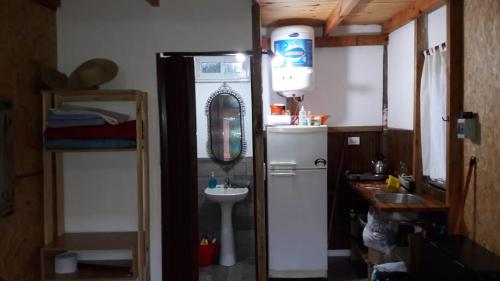 baño pequeño con fregadero y nevera en La Cabañita del Sur en Mar del Plata