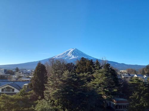 a mountain in the distance with trees and houses at Fuji Lake Hotel in Fujikawaguchiko