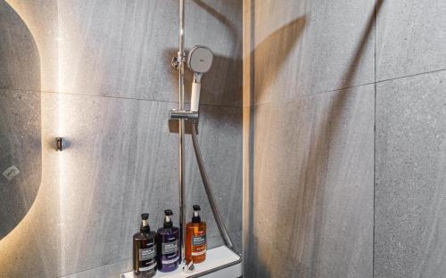 a shower with bottles on a shelf in a bathroom at Number25 Hotel Namchuncheon in Chuncheon
