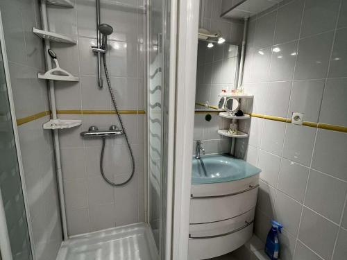 een kleine badkamer met een douche en een wastafel bij Appartement Valras-Plage, 1 pièce, 4 personnes - FR-1-701-21 in Valras-Plage