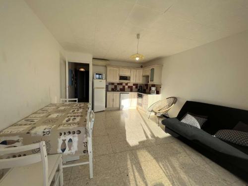 Il comprend une cuisine et un salon avec un lit et un canapé. dans l'établissement Confortable T2 climatisé, balcon, parking sécurisé, proche plage et commerces - FR-1-701-37, à Valras-Plage