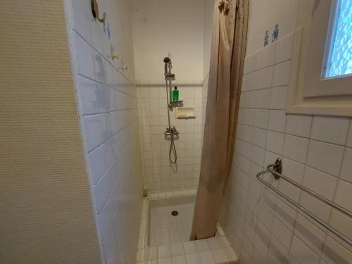La petite salle de bains est pourvue d'une douche. dans l'établissement Appartement Confortable 4 pers, Terrasse, 500m Plage, Sans TV, Cuisine Équipée - FR-1-326-733, à Marseillan
