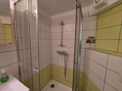 une douche avec une porte vitrée dans une salle de bain dans l'établissement Appartement rénové 2 pièces avec mezzanine, terrasse et accès direct plage - FR-1-326-748, à Marseillan