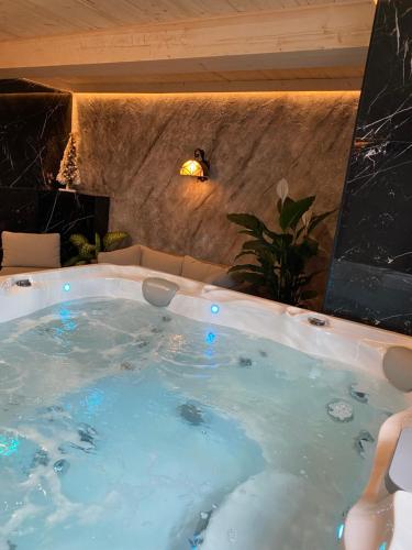 a jacuzzi tub in a living room with a light at Little House in Ząb