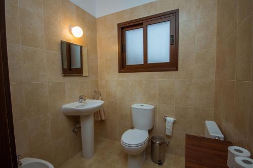 a bathroom with a toilet and a sink and a window at Villa Callisto by AgroHolidays in Kyperounda