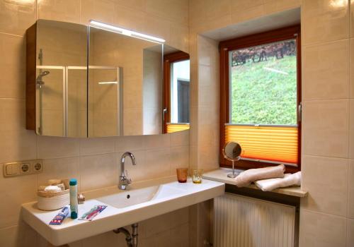 a bathroom with a sink and a mirror and a window at Bergsonne in Reit im Winkl