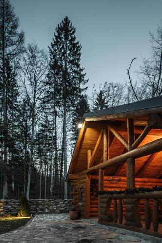 a log cabin in the woods with trees at Cabana Bavareză in Porumbacu de Sus