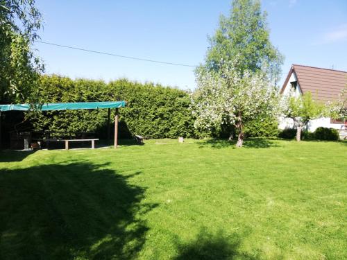 a yard with a picnic table in the grass at Chaty v Českém ráji u Prachovských skal - Malá chata pro 4 - Velká chata pro až 7 osob - ubytování v soukromí in Jičín