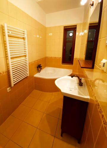 a bathroom with a sink and a bath tub at Eleonóra Villa in Balatonlelle