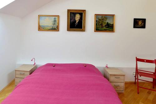 Una cama con una manta rosa en la pared con fotos en Green haven roofgarden penthouse in central area, en Viena