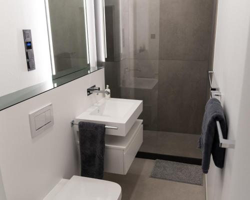 a bathroom with a sink and a toilet and a mirror at THE NEWSHA SIGNATURE HOME in Mülheim an der Ruhr