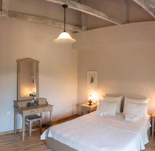 a bedroom with a bed and a desk and a mirror at Roptro in Doliana