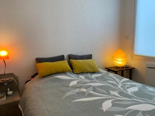 a bedroom with a bed with two yellow pillows at Appartement de charme - Port d'Audierne in Audierne