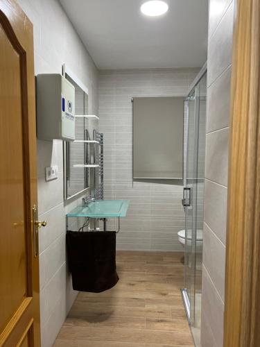 a bathroom with a glass sink and a toilet at El Balcón de la Covatilla in Béjar