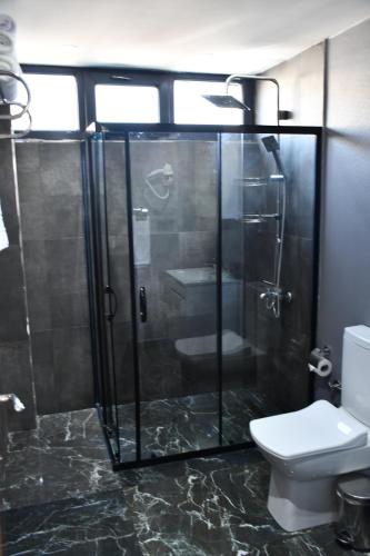 a bathroom with a glass shower and a toilet at HMZ LUXURY HOTEL in Çekme