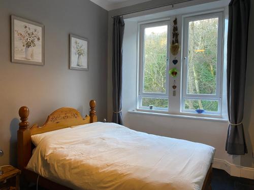 um quarto com uma cama e duas janelas em Lovely 2 Bedroom with Riverside Views Pet Friendly em Gourock