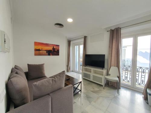 a living room with a couch and a television at Apartamentos Los Angeles in Seville