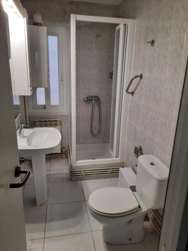 uma casa de banho com um WC, um lavatório e um chuveiro em Casa oteiza em Villarcayo de Merindad de Castilla la Vieja