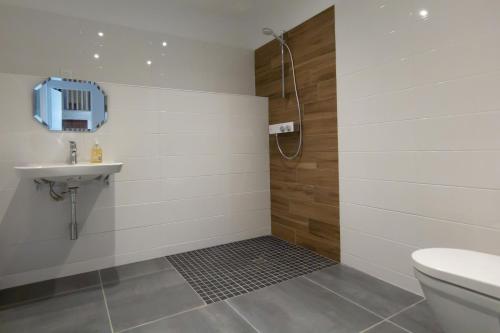 ein Bad mit einer Dusche, einem WC und einem Waschbecken in der Unterkunft Villa de luxe, nichée dans les montagnes in Lavoine
