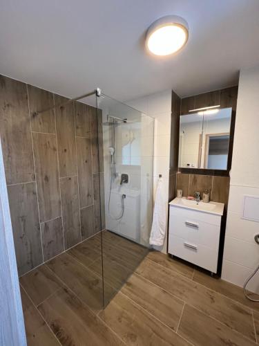 uma casa de banho com um chuveiro e um lavatório. em Apartmán MD em Zaclér