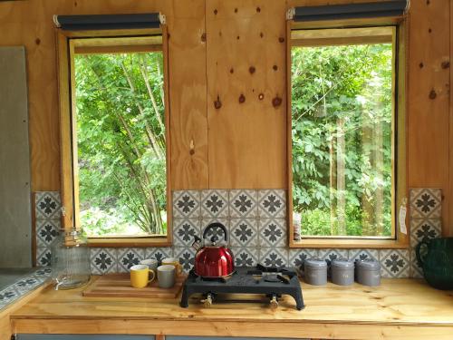 a kitchen with two windows and a tea kettle on a stove at Cabin Westerlands in Selham