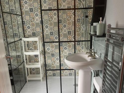 La salle de bains est pourvue d'un lavabo et d'une douche. dans l'établissement Bwthyn Rhosyn Bach, à Henllan