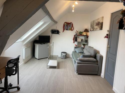 a living room with a couch and a tv at Gites Plein Ciel in Rethel