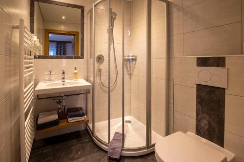 a bathroom with a shower and a toilet and a sink at Gidis Hof in Ischgl