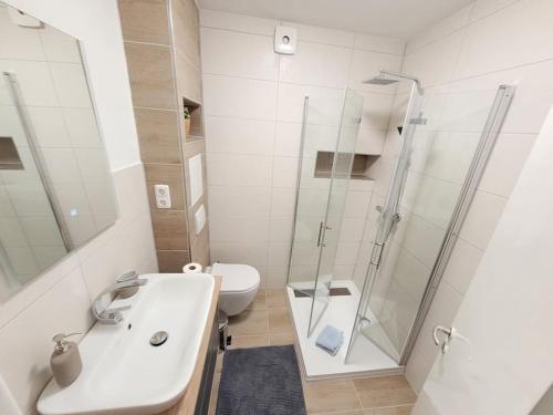 a bathroom with a shower and a sink and a toilet at Ferienwohnung Seestern Geeste in Bremerhaven